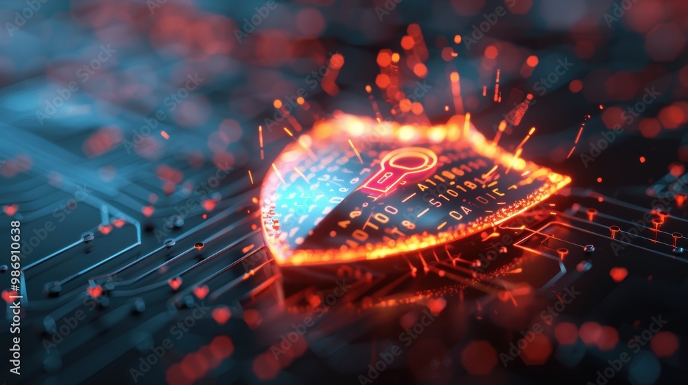 Poster a symbolic representation of cybersecurity, showing a shield with a lock icon and digital code lines