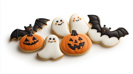 Halloween-themed cookies shaped like pumpkins, bats, and ghosts, decorated with icing, isolated on a white background. The studio lighting sharpens the playful details and well-defined shapes.