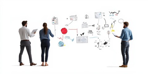 Fototapeta premium A team of three professionals brainstorming and drawing ideas on a whiteboard, collaborating on future projects.