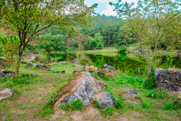 View of a lake amidst mountains in Doi Inthanon National Park