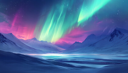 The Northern Lights illuminating the night sky with shades of green, pink, and purple over a snow-covered landscape