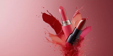 Close-up of two lipsticks with vibrant splashes of red and pink colors, highlighting makeup and beauty essentials.