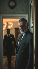 A serious man in a suit stands in a doorway with another man in the background.
