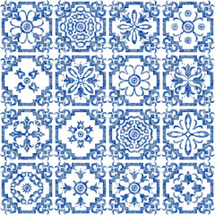 Patchwork seamless pattern of tiles with blue watercolor geometrical and floral ornaments 