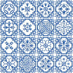 Patchwork seamless pattern of tiles with blue watercolor geometrical and floral ornaments 