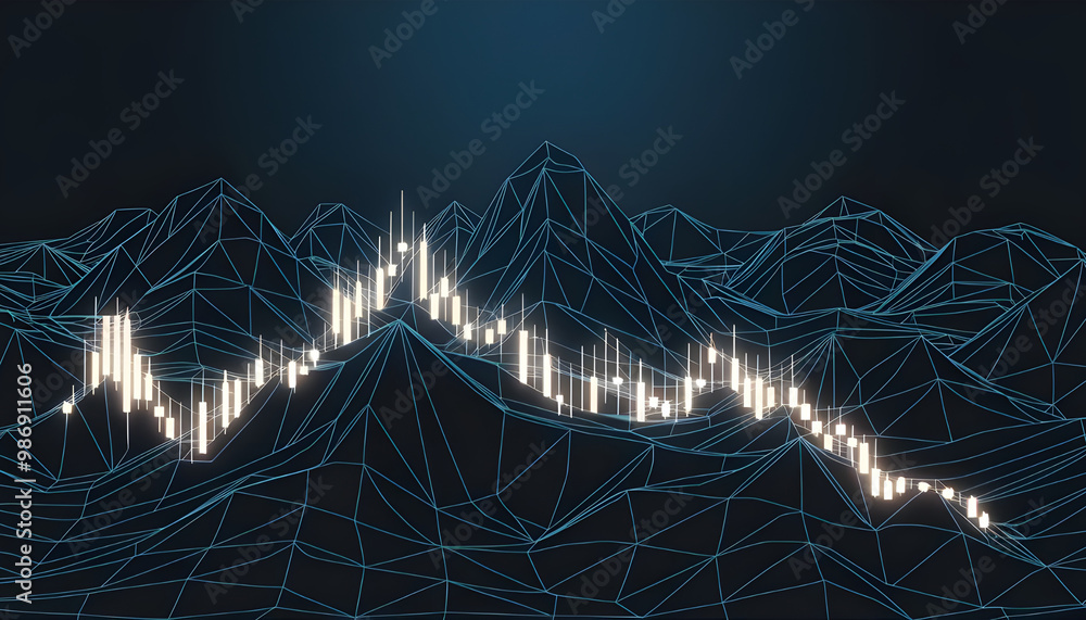 Poster hi-tech hologram of mountain ranges with glowing vector chart of investment financial data. stock ma