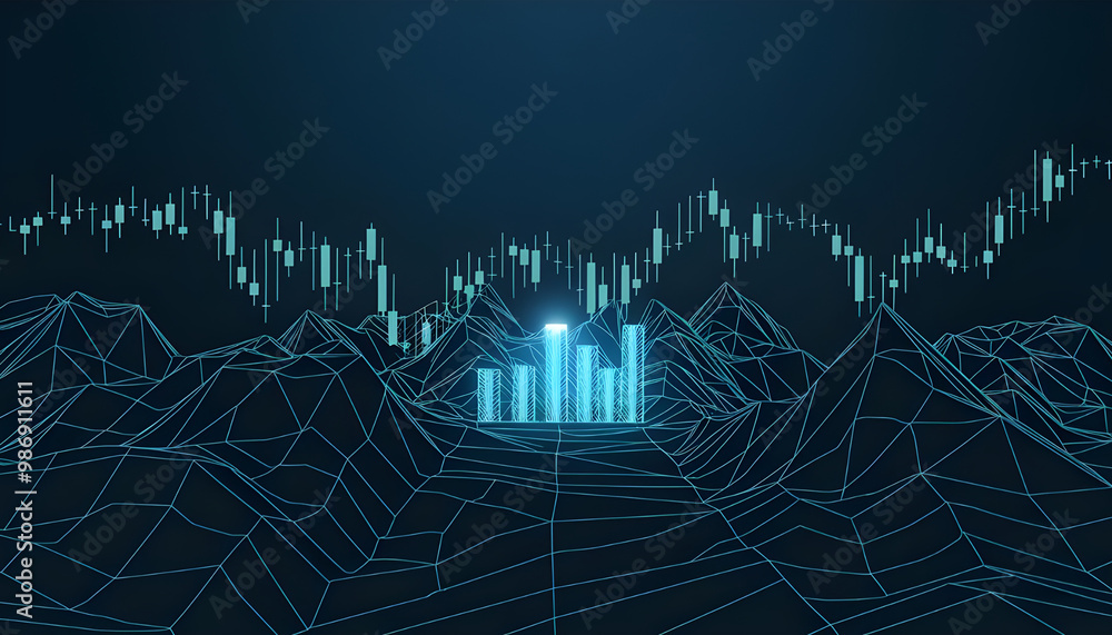 Poster hi-tech hologram of mountain ranges with glowing vector chart of investment financial data. stock ma