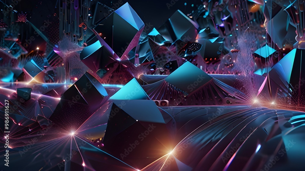 Poster digital abstract artwork with metallic geometric shapes floating in a virtual space, representing te