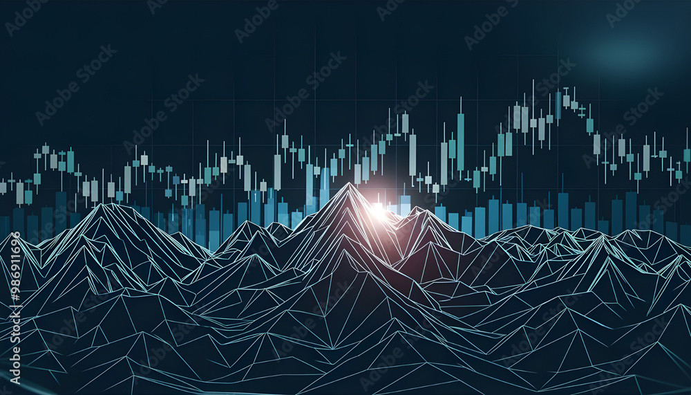 Poster hi-tech hologram of mountain ranges with glowing vector chart of investment financial data. stock ma