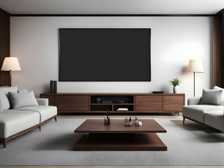 lounge interior with Big screen TV. Mock up blank tv display.