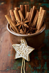 Christmas decoration on rustic wooden background. Close up.	