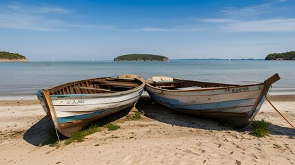 Fototapeta premium Wooden Rowboats Resting on a Sandy Beach by the Calm Ocean, Representing Peace and Serenity in Nature