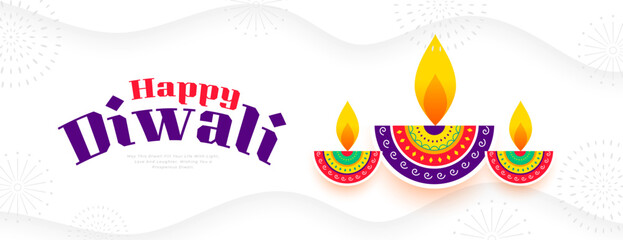 happy diwali greeting white banner with artistic diya design