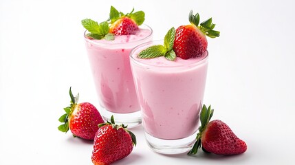 Glasses filled with fresh natural strawberry smoothie and yogurt, emphasizing energy and health benefits, isolated with white highlights for diet-focused content.