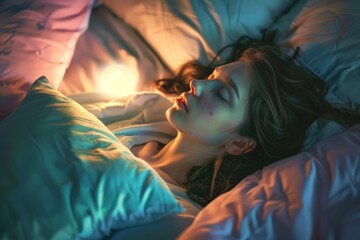 Beautiful young woman sleeping in bed at night with a light on
