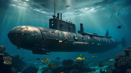 Submarine Navigating Through the Deep Ocean, Representing Marine Exploration, Research, and Adventure