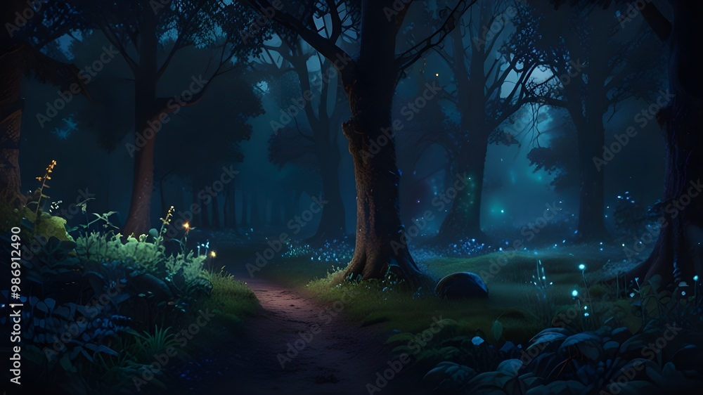 Aufkleber mysterious enchanted forest path at night with large trees and glowing mushrooms in a surreal fantas