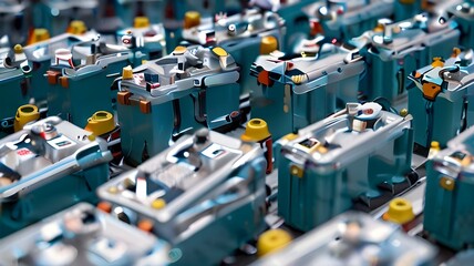 Rows of High-Voltage Industrial Batteries, Representing Renewable Energy and Sustainable Power Solutions