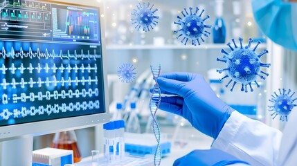 Dedicated scientist analyzing DNA sequences on advanced digital display for groundbreaking cancer research. Innovative laboratory equipment and detailed medical charts support complex genetic studies