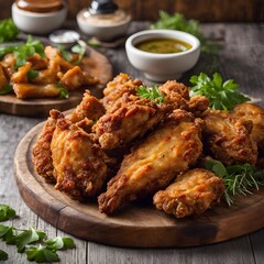 Fototapeta premium Crispy golden-brown fried chicken pieces on a rustic wooden platter with fresh herbs and tangy dipping sauce 