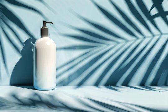 beauty skincare cosmetic mockup cream lotion bottle pakage on white background, sunscreen protection with summer coconut palm leaf tree shadow blue background