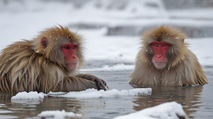 Naklejka premium Japanese Snow Monkeys Enjoying a Warm Bath in a Hot Spring with Snowy Surroundings in Winter