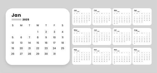 minimal 2025 annual english calendar template printable design