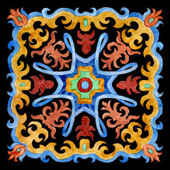 Watercolor painted tile with hand drawn geometrical and floral ornaments in Sicilia Mediterranean majolica ceramic painting style, isolated on a black background