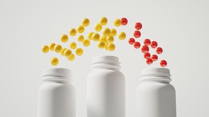 White, yellow, and red supplements spilling from white bottles on a white background, depicting healthcare variety.