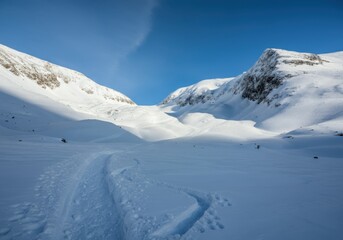 Snow-covered Mountain Valley with Footprints