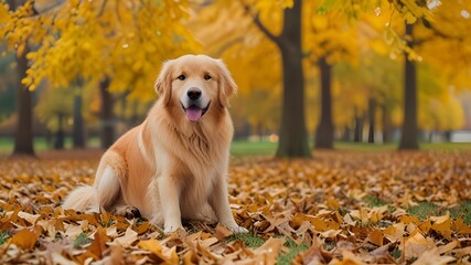 Golden Retriever Dog Enjoying a Walk in the Autumn Park with Colorful Leaves Around