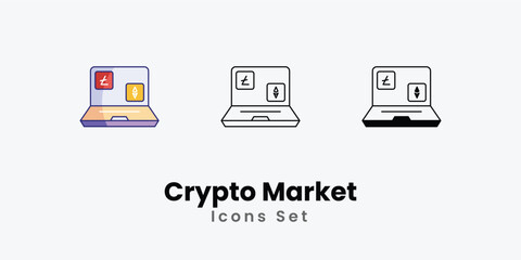 Crypto Market Icons thin line and glyph vector icon stock illustration