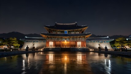 Beautiful Traditional Korean Palace at Dusk with Reflection in the Calm Waters