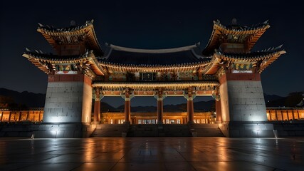 Traditional Asian Temple with a Pagoda-Style Roof Illuminated at Night – Beautiful Architecture Symbolizing Culture, History, and Spirituality in an Exotic Setting**
