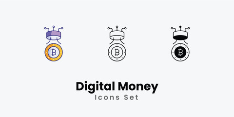 Digital Money Icons thin line and glyph vector icon stock illustration