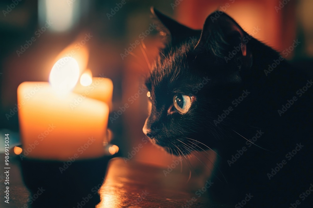 Sticker Black Cat Gazing at a Lit Candle