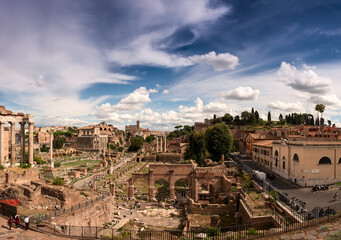 Panoramic view of the Roman Forum Foro Romano and Ruins of Septimius Severus Arch and Saturn Temple...