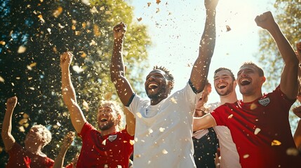 Football cup with soccer team players celebrating their victory.