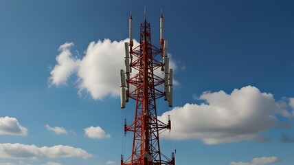 Tall Communication Tower with Red and White Stripes Against a Blue Sky, Ideal for Technology and Telecommunications Themes.