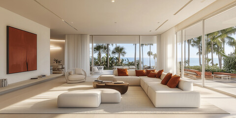 Wohnzimmer eines luxuriösen, minimalistischen, modernen Hauses, weiße Wände und helle Holzböden, ein modernes, elegantes Sofa mit Akzentkissen in Terrakotta, dezente Farbe