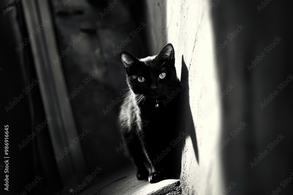 Wall mural Black Cat with a Bell, Standing in the Shadows,  Looking Directly at the Camera