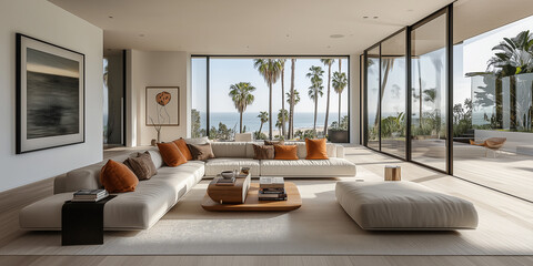 Fototapeta premium Wohnzimmer eines luxuriösen, minimalistischen, modernen Hauses, weiße Wände und helle Holzböden, ein modernes, elegantes Sofa mit Akzentkissen in Terrakotta, dezente Farbe