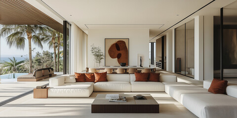 Wohnzimmer eines luxuriösen, minimalistischen, modernen Hauses, weiße Wände und helle Holzböden, ein modernes, elegantes Sofa mit Akzentkissen in Terrakotta, dezente Farbe