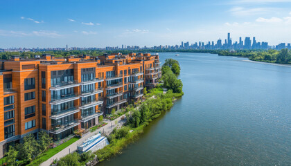 Naklejka premium Modern apartment buildings designed with sustainable materials overlooking river and city skyline
