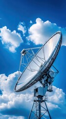 Satellite dish antenna against a clear blue sky with fluffy clouds, symbolizing communication and technology.