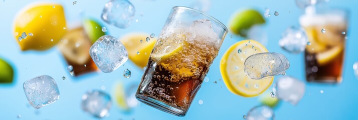 Floating glass, ice cubes, and lemon slices against a blue background, depicting refreshment and coolness.