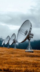 Satellite dishes lined up on a grassy field under a cloudy sky.
