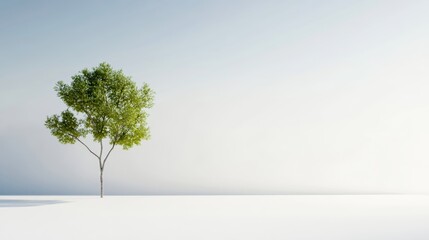 Obraz premium Lone green tree on a minimalist white background, representing nature's simplicity and tranquility.