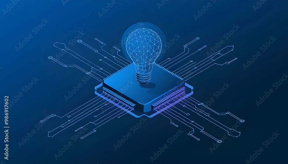 Poster abstract digital ai chip and lightbulb on technology blue background. artificial intelligence innova
