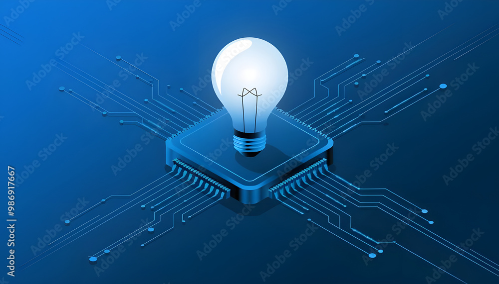 Poster abstract digital ai chip and lightbulb on technology blue background. artificial intelligence innova